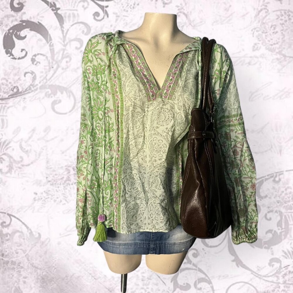 Bella Tu Boho Peasant Blouse Green Paisley Tassel Tie Top Women’s S Festival
